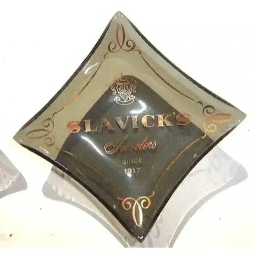 RARE Lot of 2 Vintage Glass SLAVOCKS Jewelers Mini Ashtray